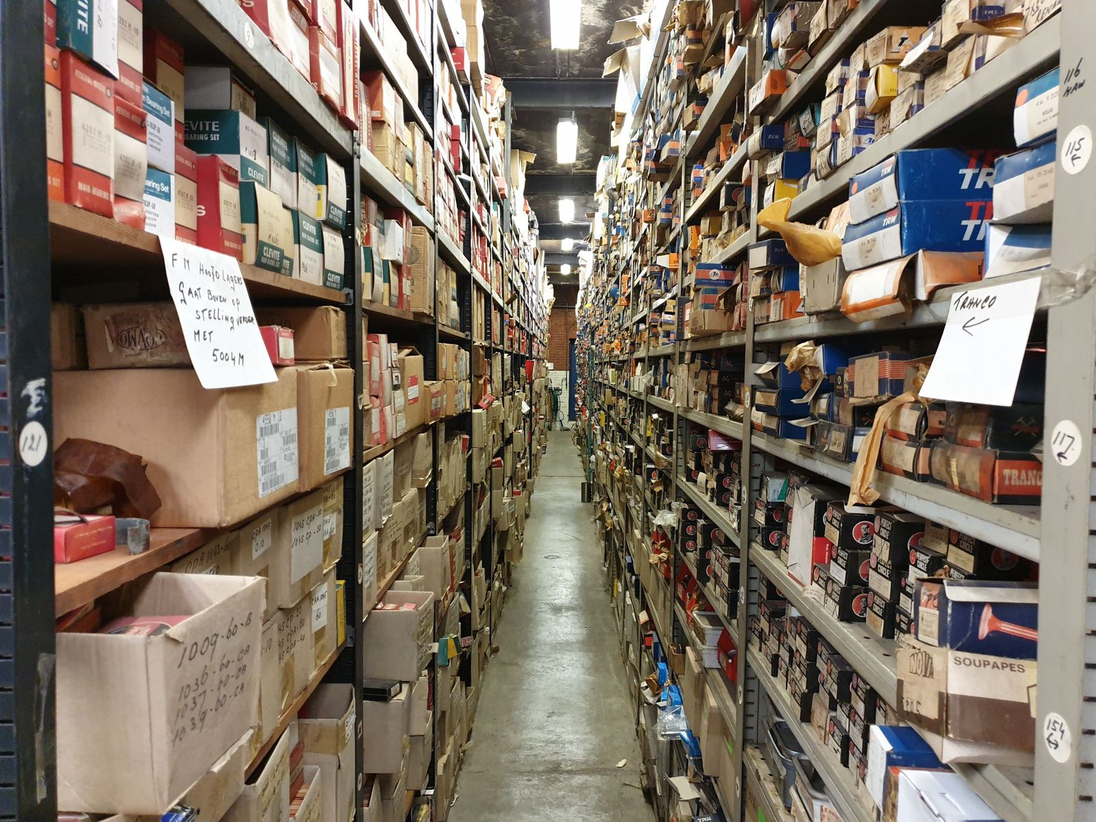 MEKA warehouse aisle with bearing and piston boxes
